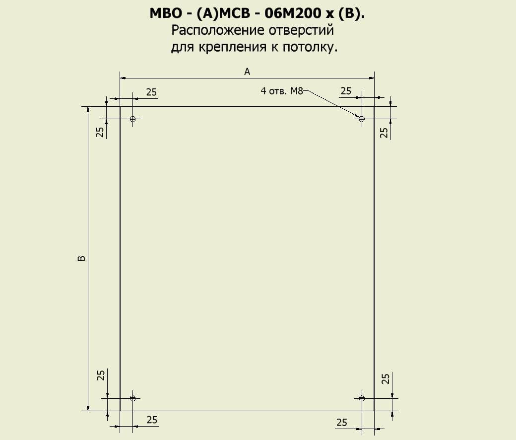 расположение отверстий для креплений МВО-(А) МСВ- 06М200 х (В)