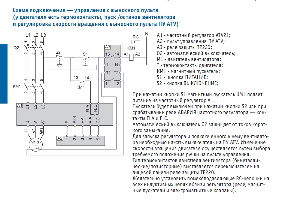 Схема подключения — управление с выносного пульта (у двигателя есть термоконтакты, пуск /остановка вентилятора  и регулировка скорости вращения с выносного пульта ПУ ATV)