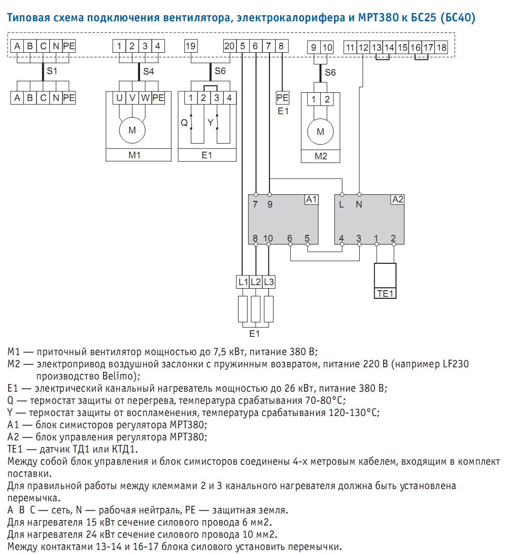Типовая схема подключения вентилятора, калорифера и МРТ 380 к силовому блоку