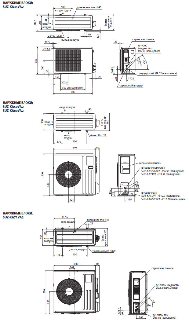 Габаритные размеры наружного блока SUZ-KA