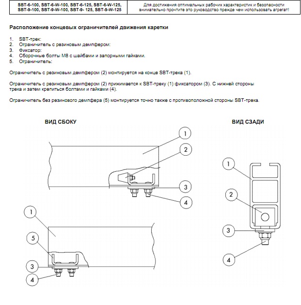 Инструкция по монтажу (Пряморельсовая вытяжная система SBT) Расположение концевых ограничителей движения каретки