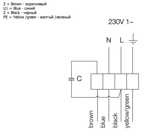 Схема подключения. Вентиляторы серии K 100 XL, K 125 XL, K 150 XL, K 160 M, K 160 XL, K 200 L, K 200 M, K 250 L, K 250 M, K 315 L, K 315 M