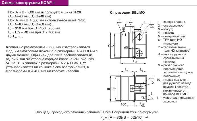 Схемы конструкции клапана КОМ-1 с электромеханическим приводом BELIMO