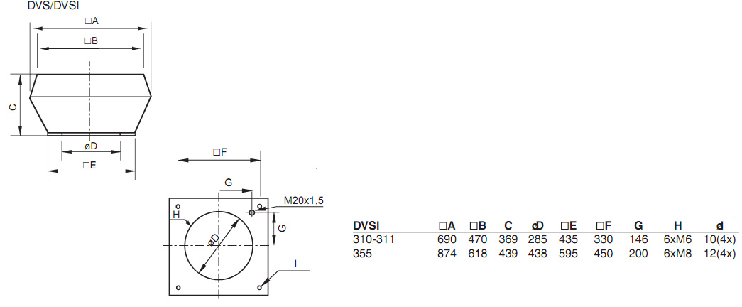 Габаритные размеры. Вентилятор DVSI 310ES, DVSI 311, DVSI 355