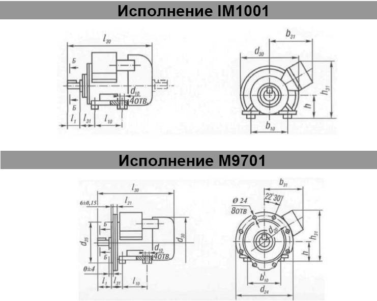 Габаритные размеры. Электродвигатели ВА02-280, 315, 355. Исполнение IM 1001, IM 9701