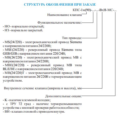 Структура обозначения клапана КПС-1ммс