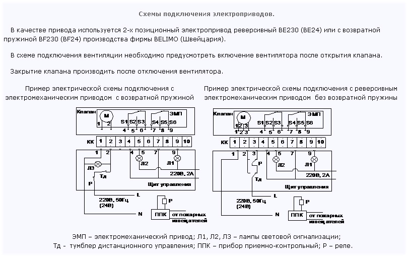 Примеры схем подключения электроприводов клапана КВП-МС